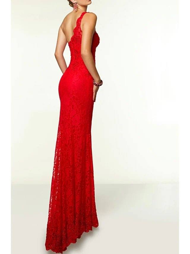 Sheath / Column Open Back Prom Formal Evening Valentine's Day Dress One Shoulder Sleeveless Floor Length Lace with Split Front - RongMoon