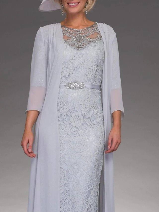 Two Piece Sheath / Column Mother of the Bride Dress Elegant Jewel Neck Floor Length Chiffon 3/4 Length Sleeve with Sash / Ribbon Appliques - RongMoon