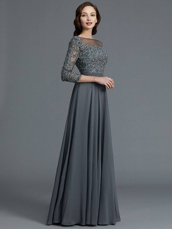 A-Line/Princess 3/4 Sleeves Bateau Floor-Length Chiffon Mother of the Bride Dresses - RongMoon