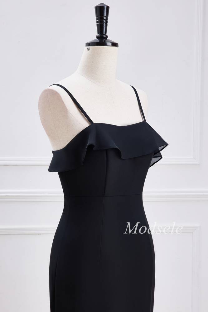 Black Spaghetti Strap Ruffle Multi-Layer Maxi Dress