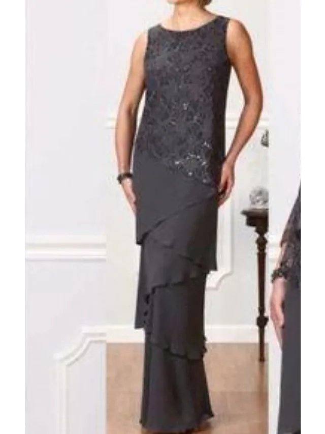 A-Line Mother of the Bride Dress Elegant Jewel Neck Floor Length Chiffon 3/4 Length Sleeve with Cascading Ruffles - RongMoon