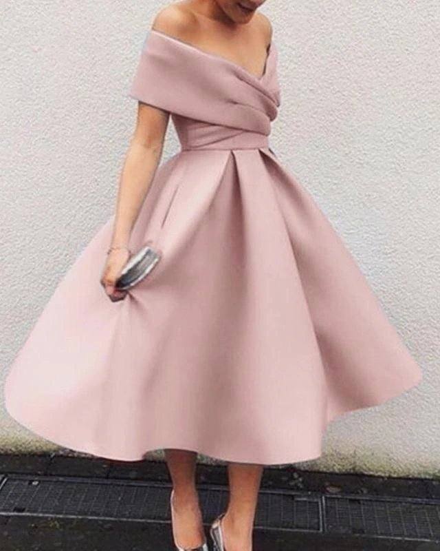 Vintage 1950s Style V-neck Off The Shoulder Tea Length Ball Gowns Party Dresses - RongMoon