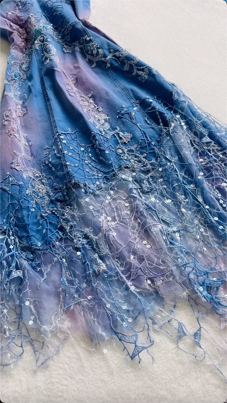 Vintage Blue Denim Sequin Applique Prom Dress A-Line Spaghetti Strap Evening Dress Long Formal Dress HZ1024