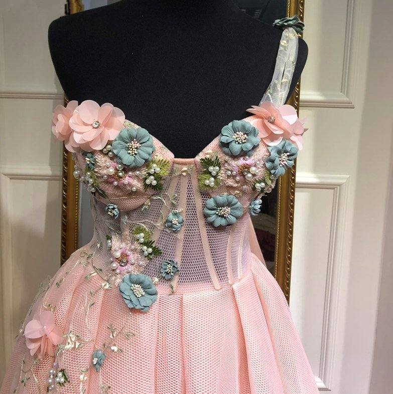 Pink Muslim Evening Dresses A-line One-shoulder Tulle Pearls Long Islamic Dubai Saudi Arabic Long Formal Evening Gown - RongMoon