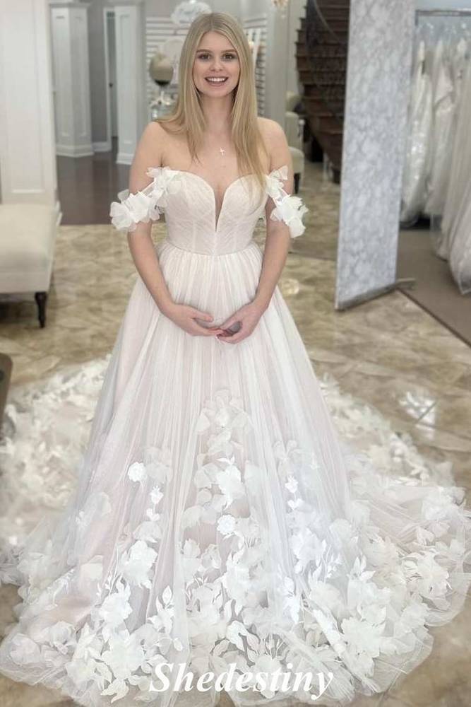 Ivory A-Line Off the Shoulder Court Train Wedding Dress with Applique