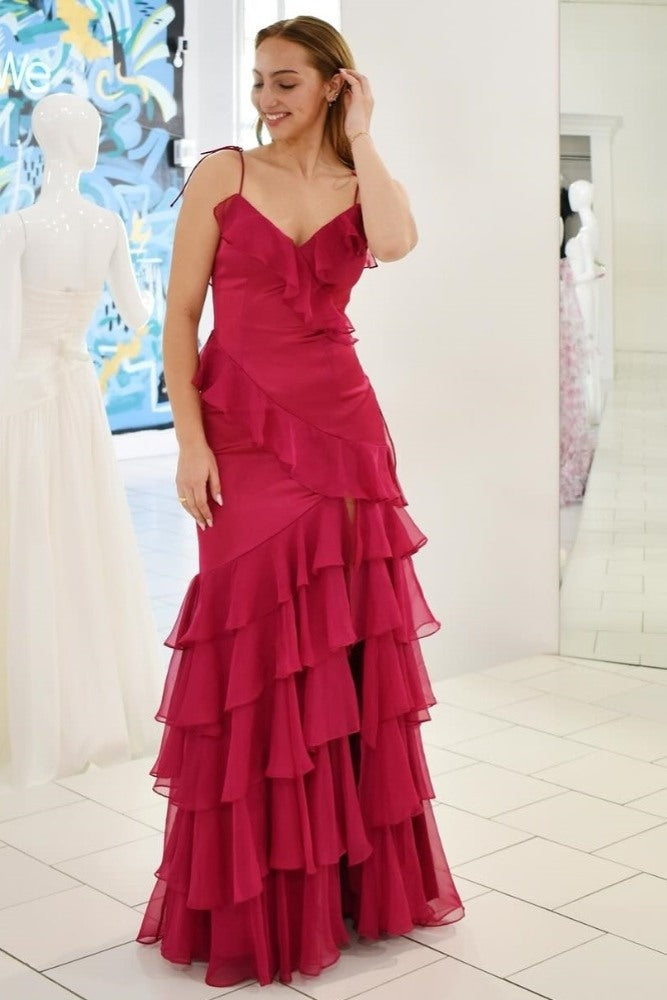 Emerald Green V-Neck Ruffle Long Prom Dress with Slit