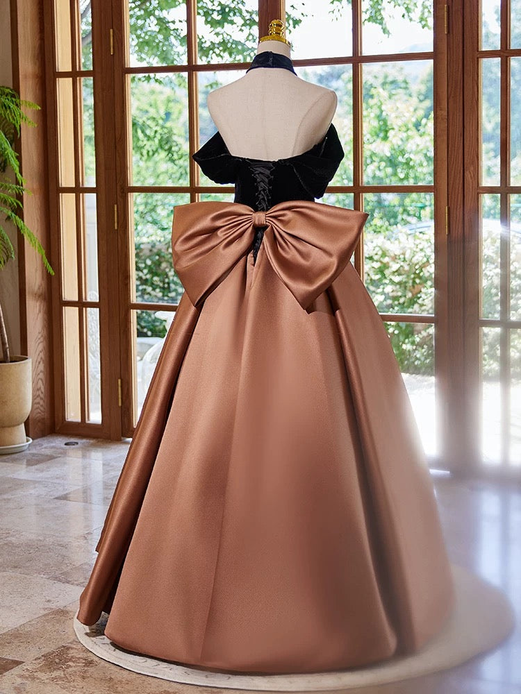 A-Line Satin Velvet Brown Long Prom Dress, Brown Long Formal Dress