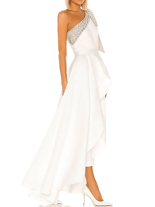 Jumpsuits Minimalist Elegant Engagement Prom Valentine's Day Dress One Shoulder Sleeveless Floor Length Stretch Satin with Pleats Ruffles - RongMoon