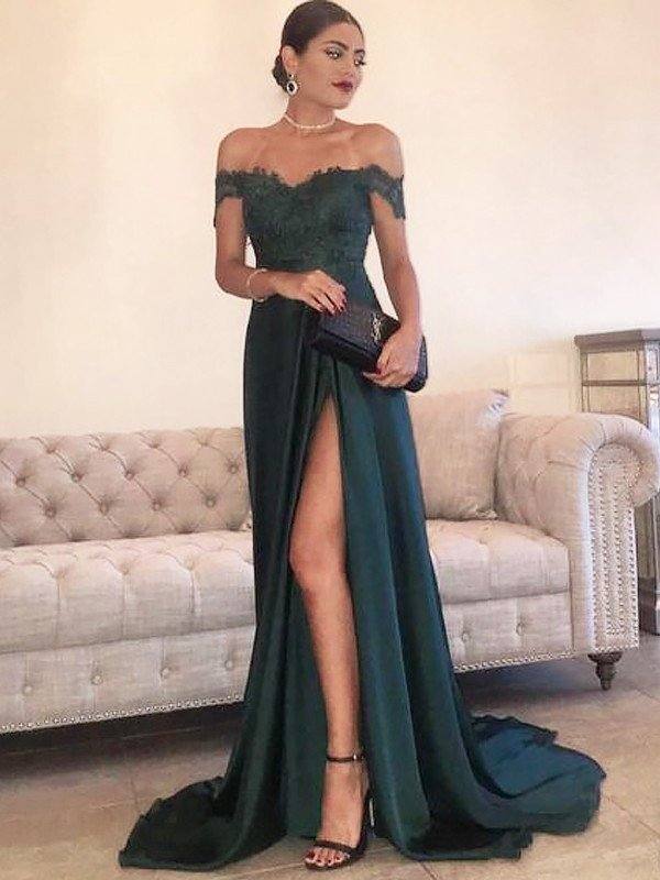 A-Line/Princess Off-the-Shoulder Sleeveless Sweep/Brush Train Lace Silk like Satin Dresses - RongMoon