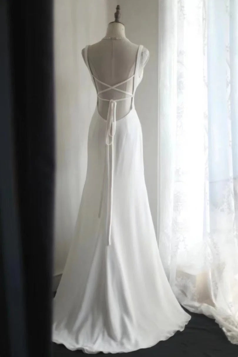 girlhomeshops-Sleeveless White Chiffon Mermaid Wedding Dress, Minimalist Elegant Slim - fitting Floor - length Wedding Gown gh5831