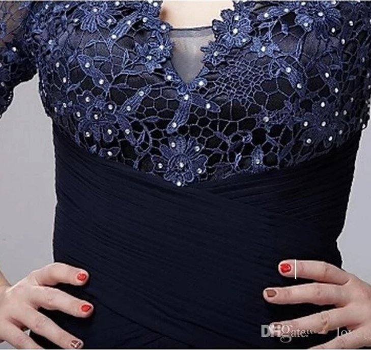 Navy Blue Mother Of The Bride Dresses A-line V-neck 3/4 Sleeves Chiffon Lace Beaded Groom Long Mother Dresses For Wedding - RongMoon