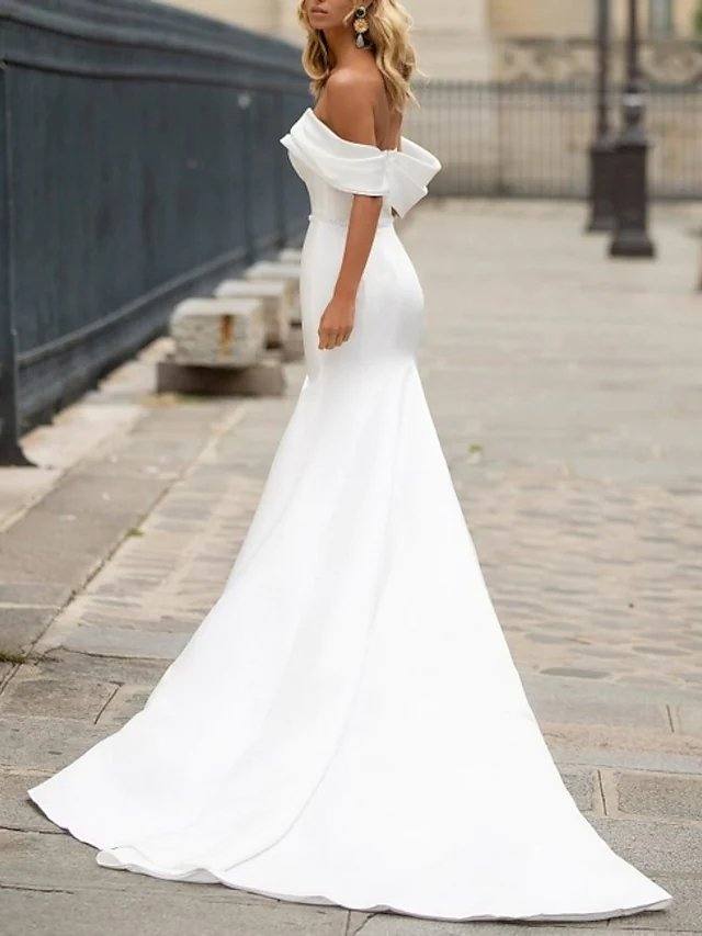 Mermaid / Trumpet Wedding Dresses Off Shoulder Court Train Satin Short Sleeve Romantic Plus Size Modern with Bow(s) - RongMoon