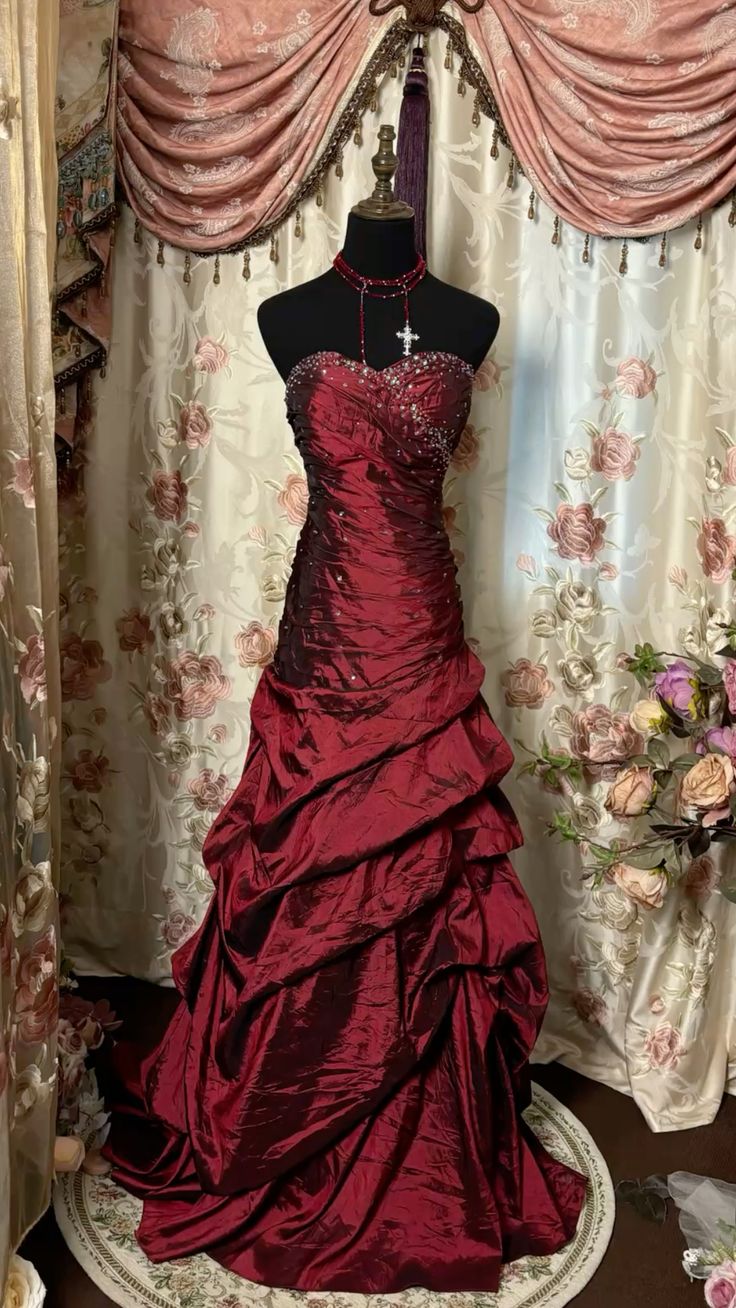 Red tube top shiny retro elegant long layered satin ball gown evening dress gh3101