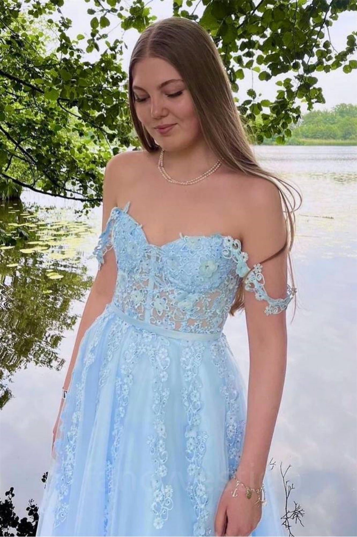 A Line Off the Shoulder Light Blue Lace Long Prom Dress, Light Blue Lace Formal Dress, Light Blue Evening Dress
