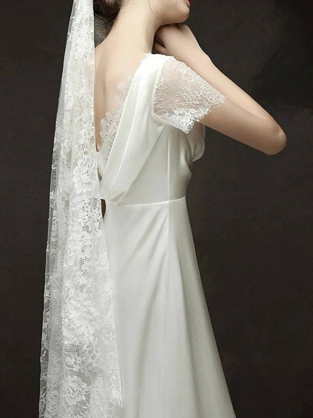 A-Line Wedding Dresses V Neck Sweep / Brush Train Satin Short Sleeve Romantic Vintage 1950s with Lace - RongMoon
