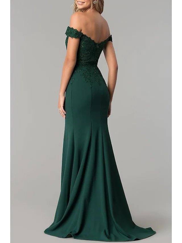 Mermaid / Trumpet Elegant Prom Formal Evening Dress Off Shoulder Short Sleeve Sweep / Brush Train Stretch Satin with Appliques - RongMoon