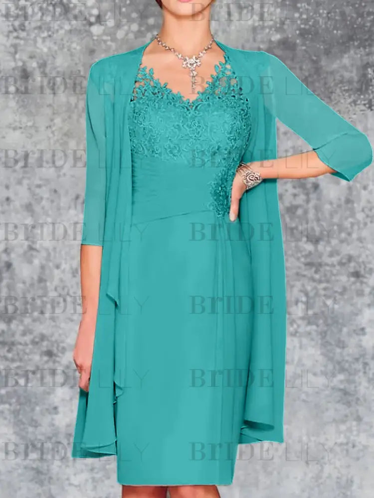Two Piece Ruffle Chiffon Mother of the Bride Outfit Lace Short Wedding Guest Dress