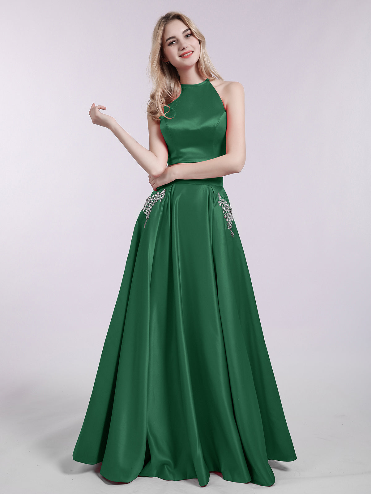 Two Piece Satin Prom Dress with Pockets Dark Green