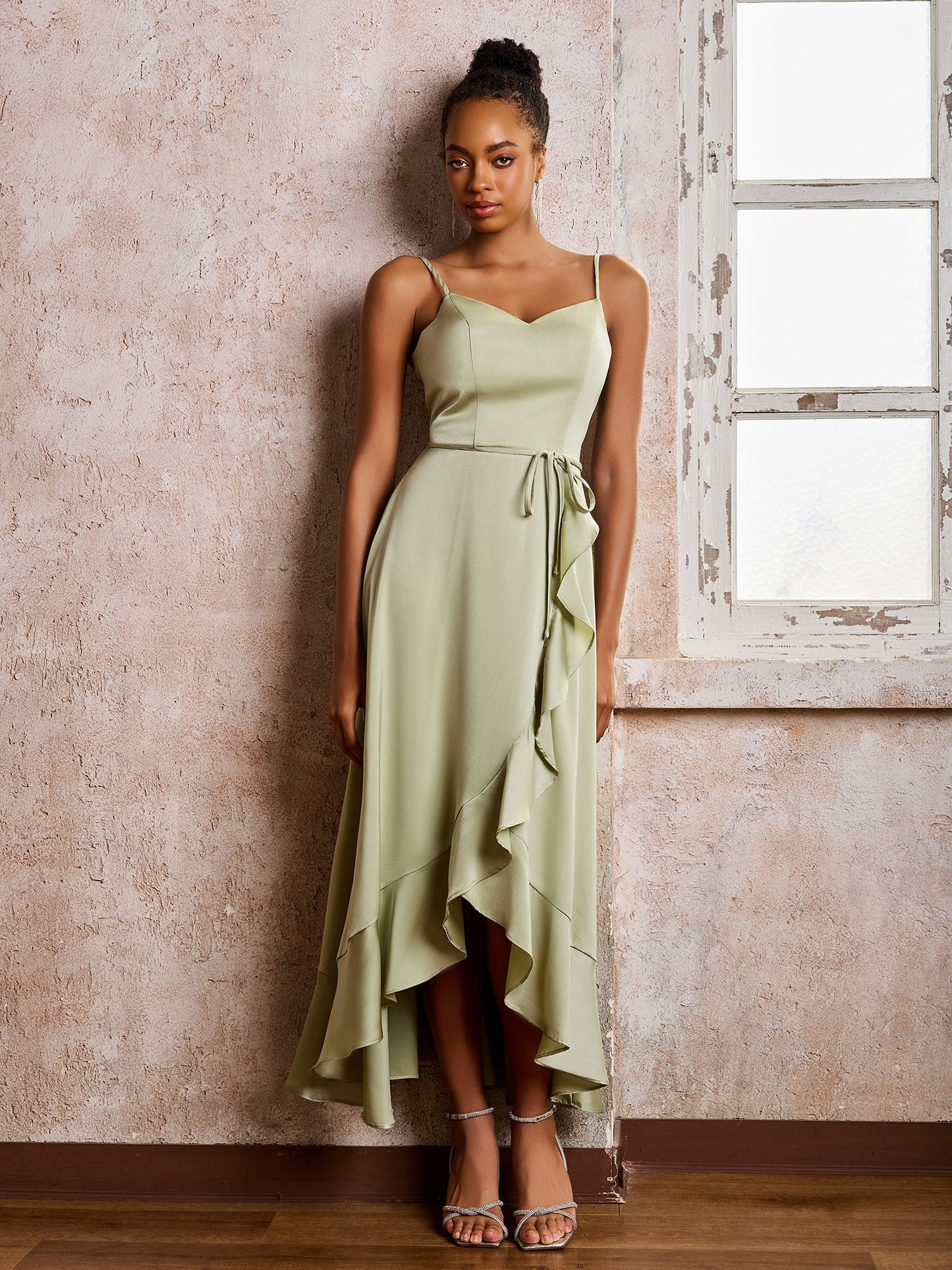 Spaghetti Straps Asymmetrical Soft Satin Dresses Dusty Sage
