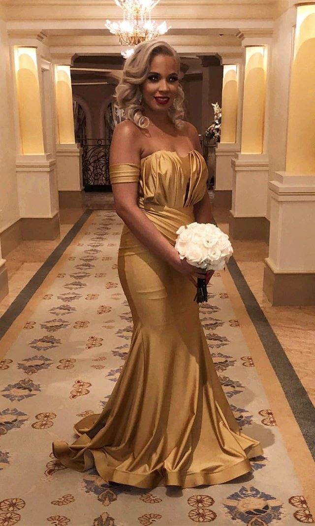 Long Gold Satin Off Shoulder Mermaid Bridesmaid Dresses - RongMoon