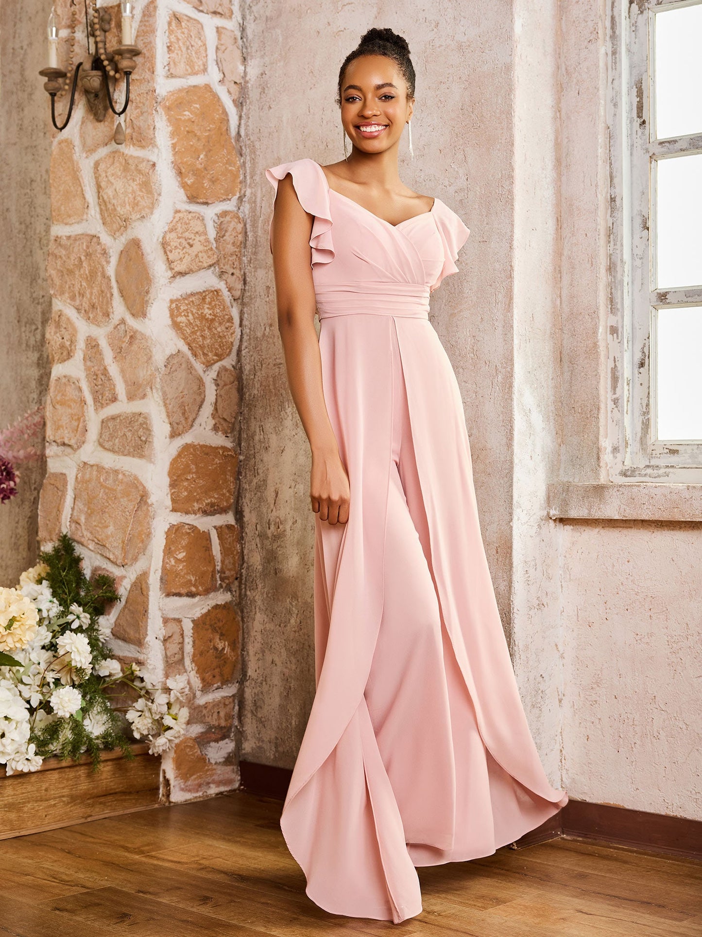 Elegant Chiffon Jumpsuit with Flowing Skirt Overlay Dusty Rose