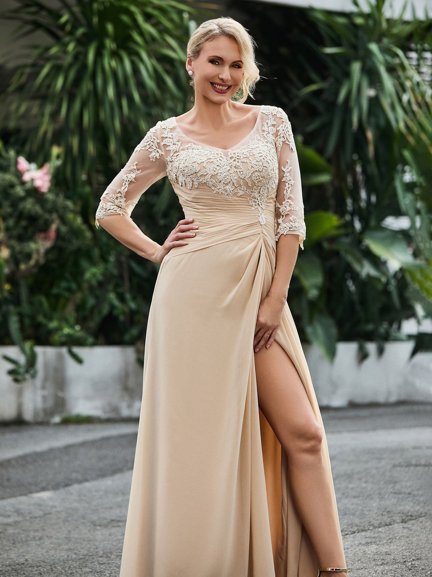 Half Sleeve Floor-length Dress with Slit Champagne