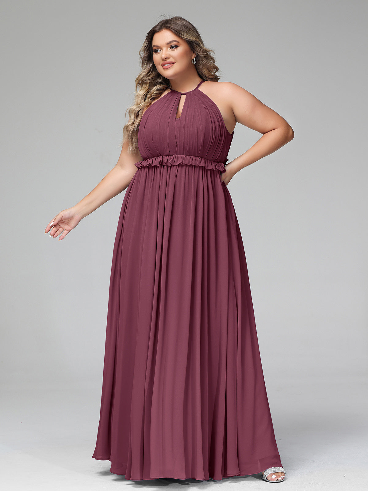 Keyhole Neckline Open Back Chiffon Max Long Dress Mulberry