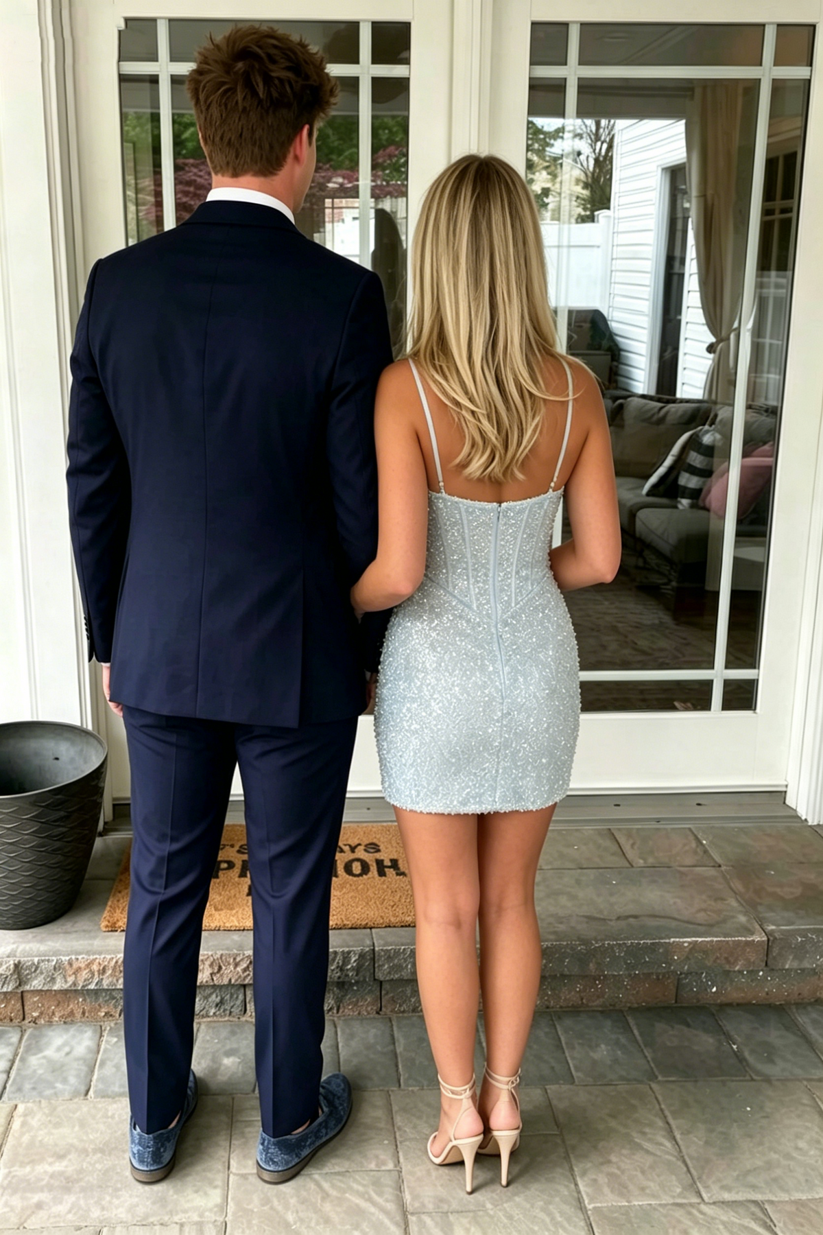 Blue Sequined Spaghetti Straps Tight Sweetheart Short Homecoming Dress