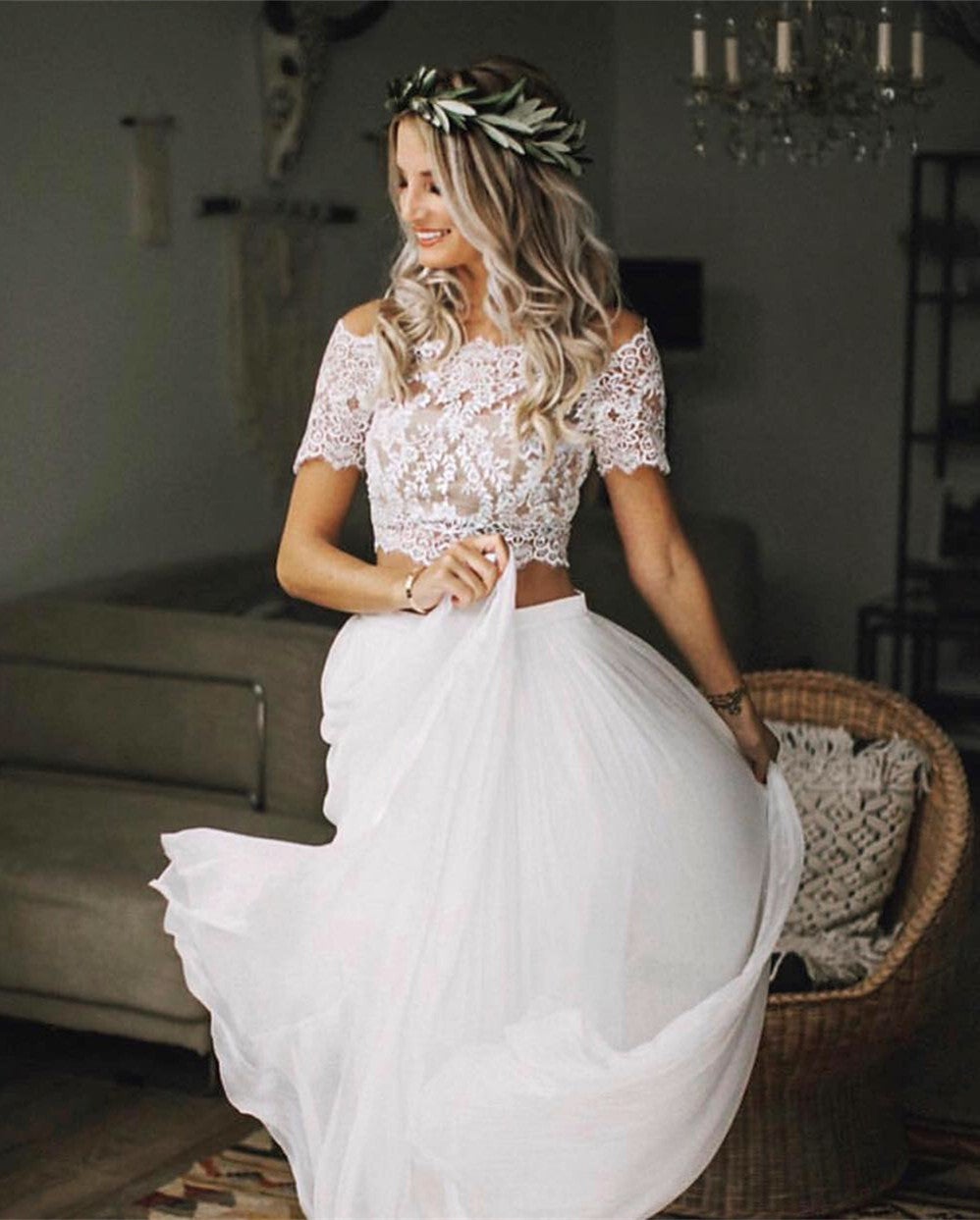 Boho Chic Lace Crop Chiffon Wedding Dresses Two Piece