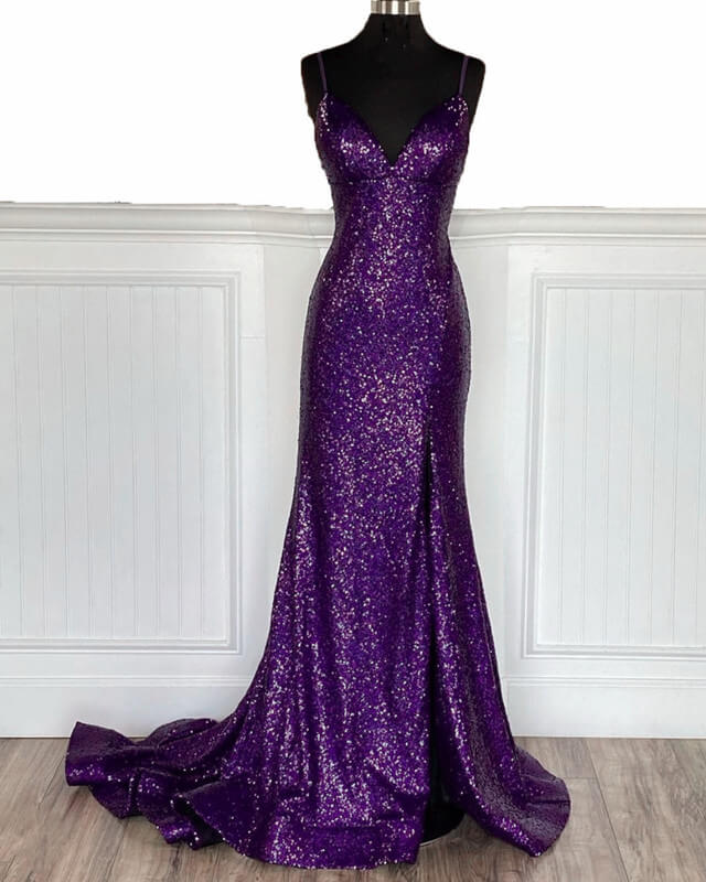 Mermaid Royal Blue Sequin Dresses V-neck Split