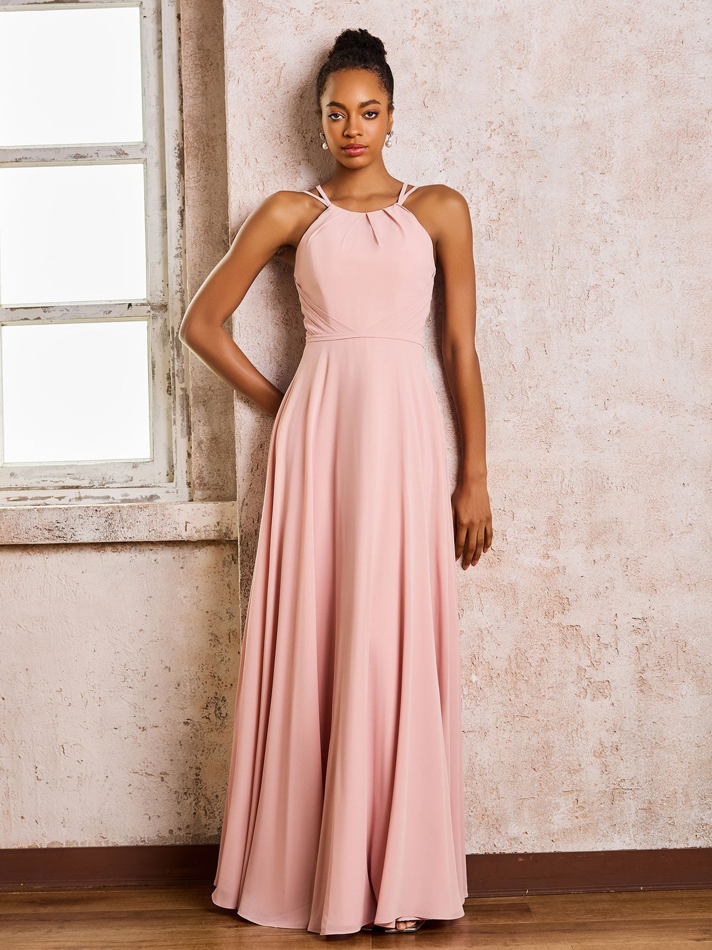 Chiffon Halter Floor-length Bridesmaid Dresses Dusty Rose