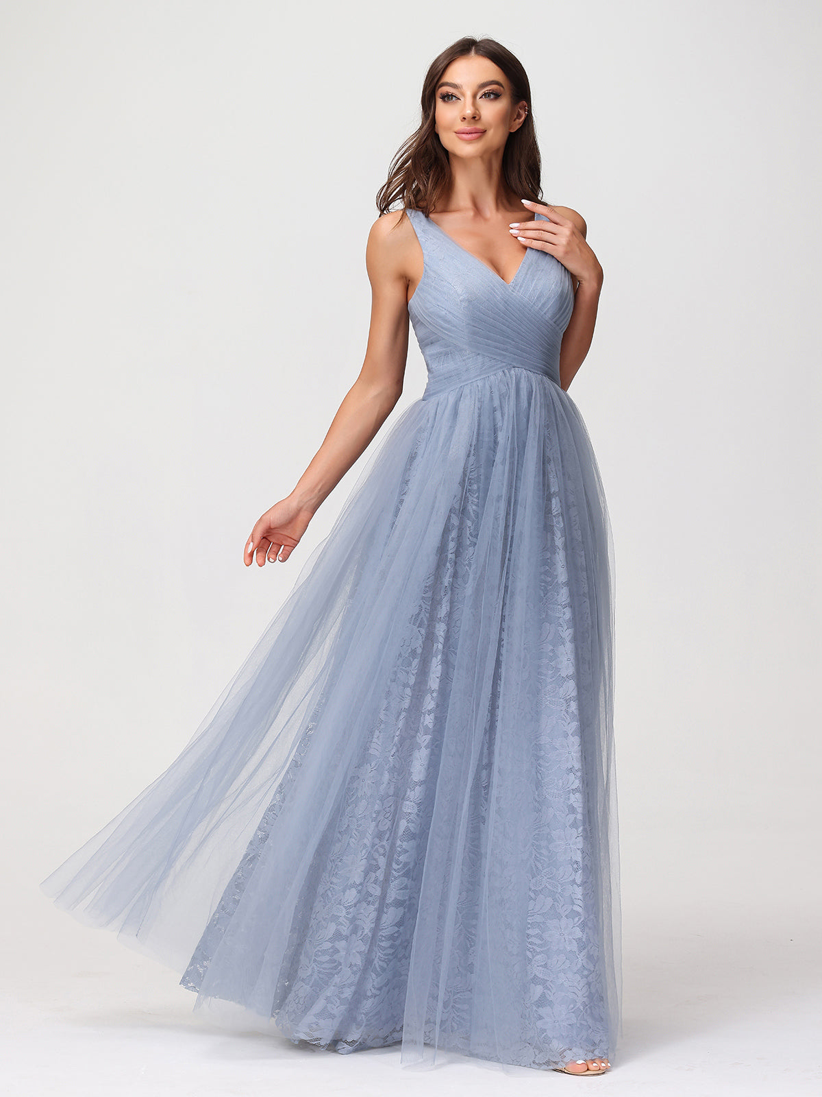 V neck Lace Lining And Tulle Dresses Dusty Blue