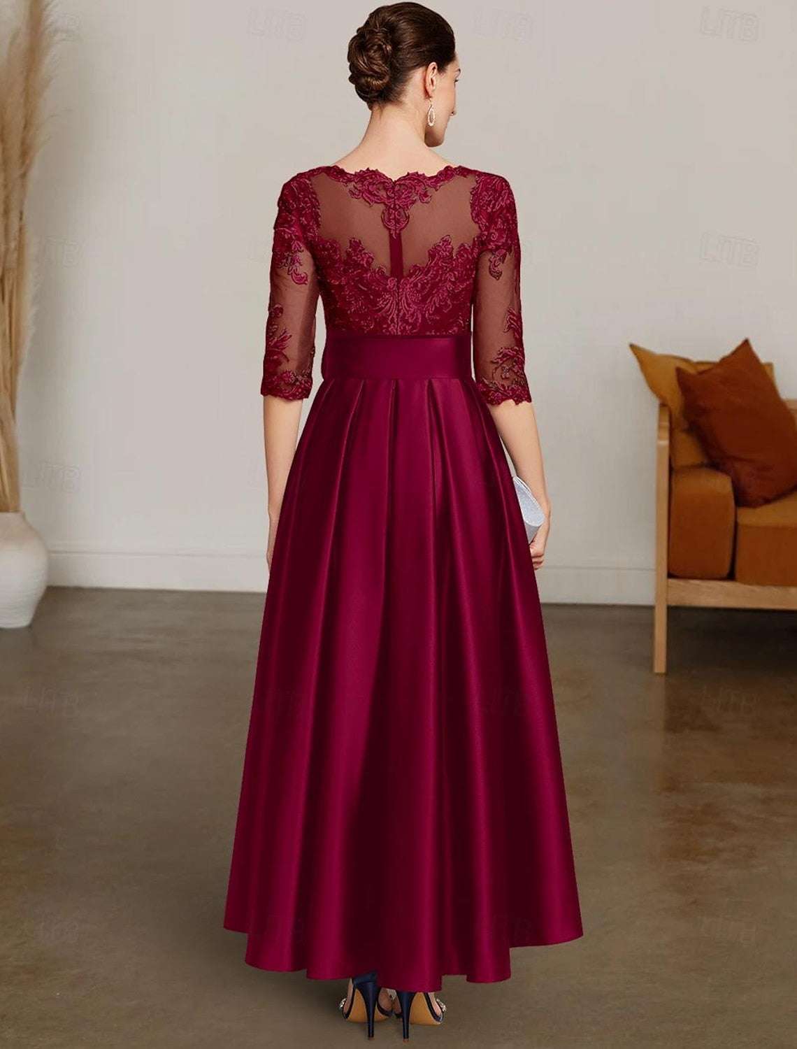 A-Line Chrismas Dress Mother of the Bride Dress Formal Wedding Guest Elegant High Low Bateau Neck Asymmetrical Satin Lace 3/4 Length Sleeve with