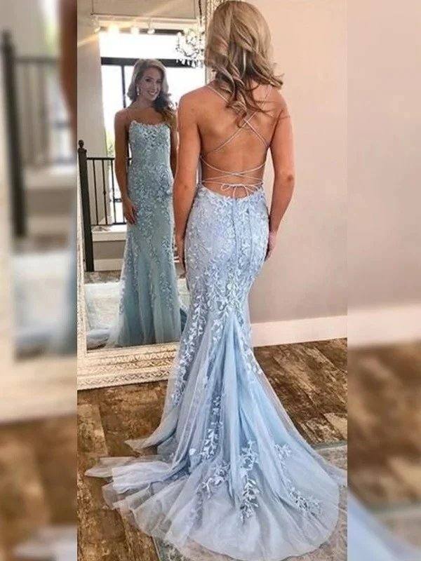 Trumpet/Mermaid Sleeveless Off-the-Shoulder Sweep/Brush Train Lace Tulle Dresses - RongMoon