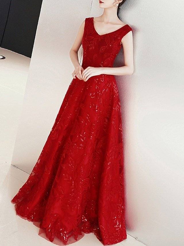 A-Line Elegant Floral Engagement Prom Dress V Neck Sleeveless Floor Length Lace Tulle with Appliques - RongMoon