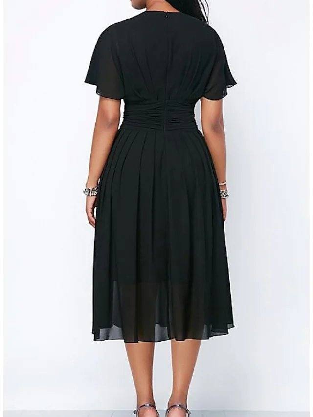 A-Line Mother of the Bride Dress Elegant V Neck Tea Length Chiffon Satin Short Sleeve with Sash / Ribbon Pleats - RongMoon