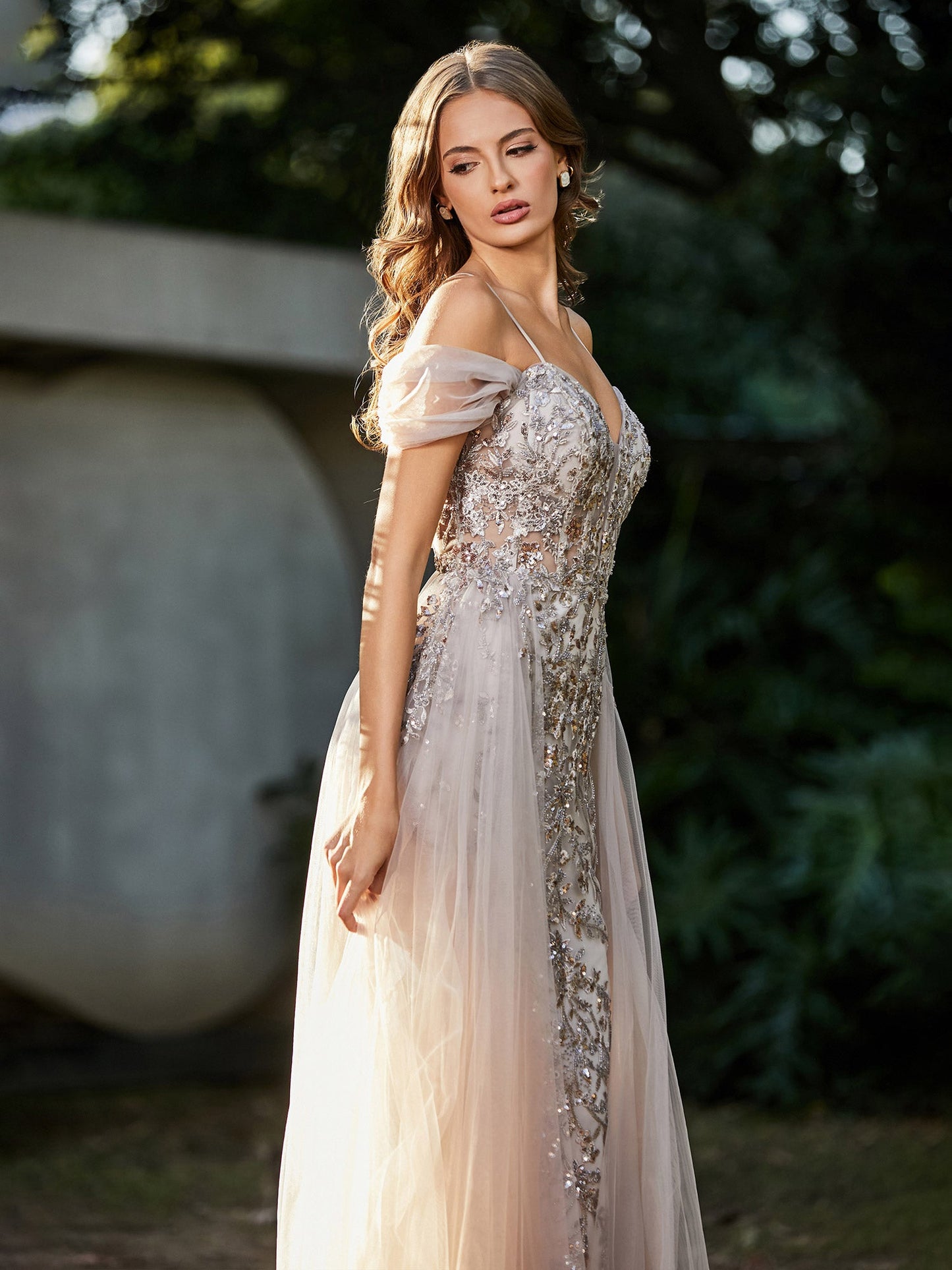 Lace Up Back Off Shoulder Tulle Gown Champagne