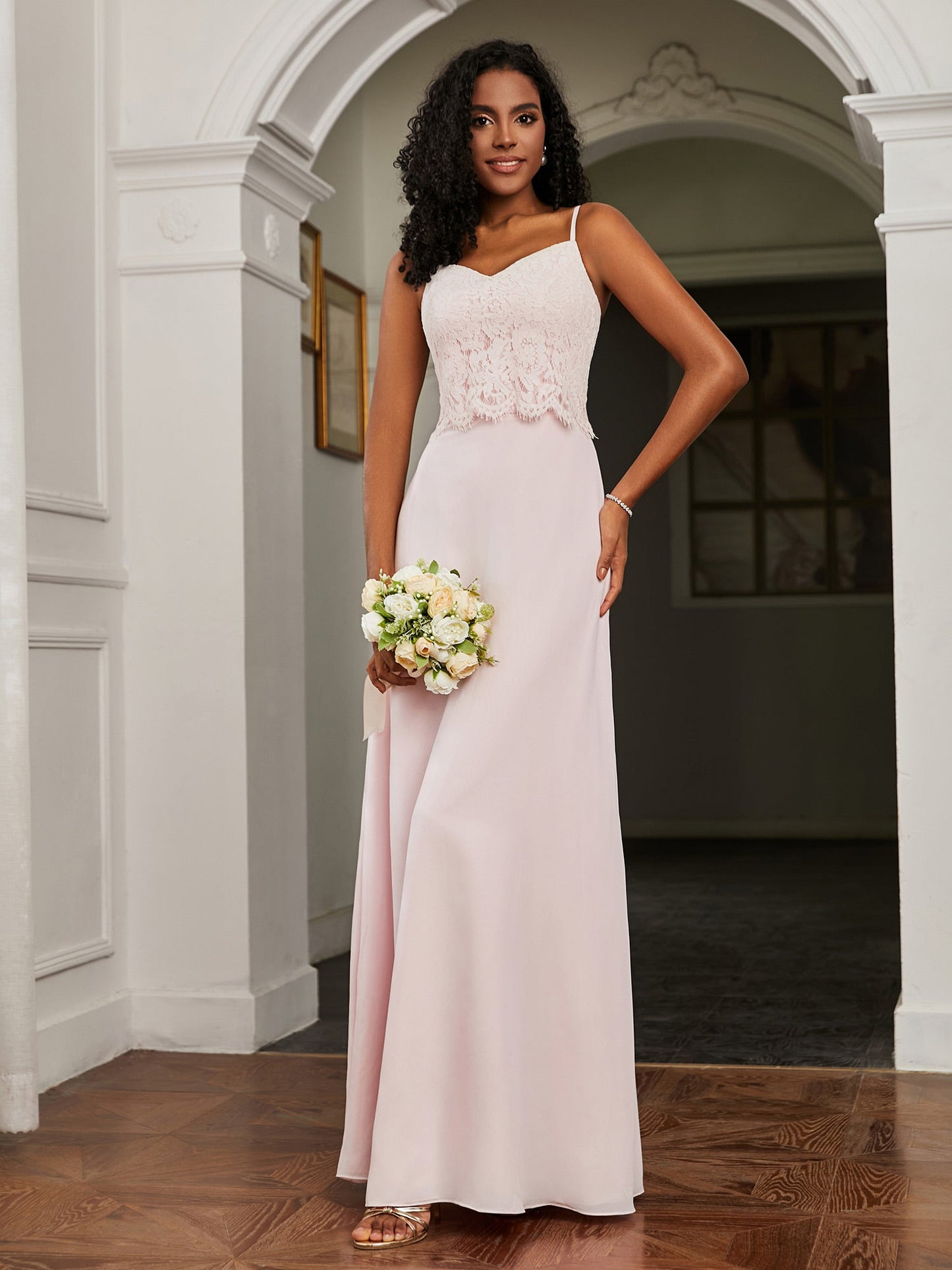 Lace Appliqued Backless Chiffon A-Line Dress Blushing Pink