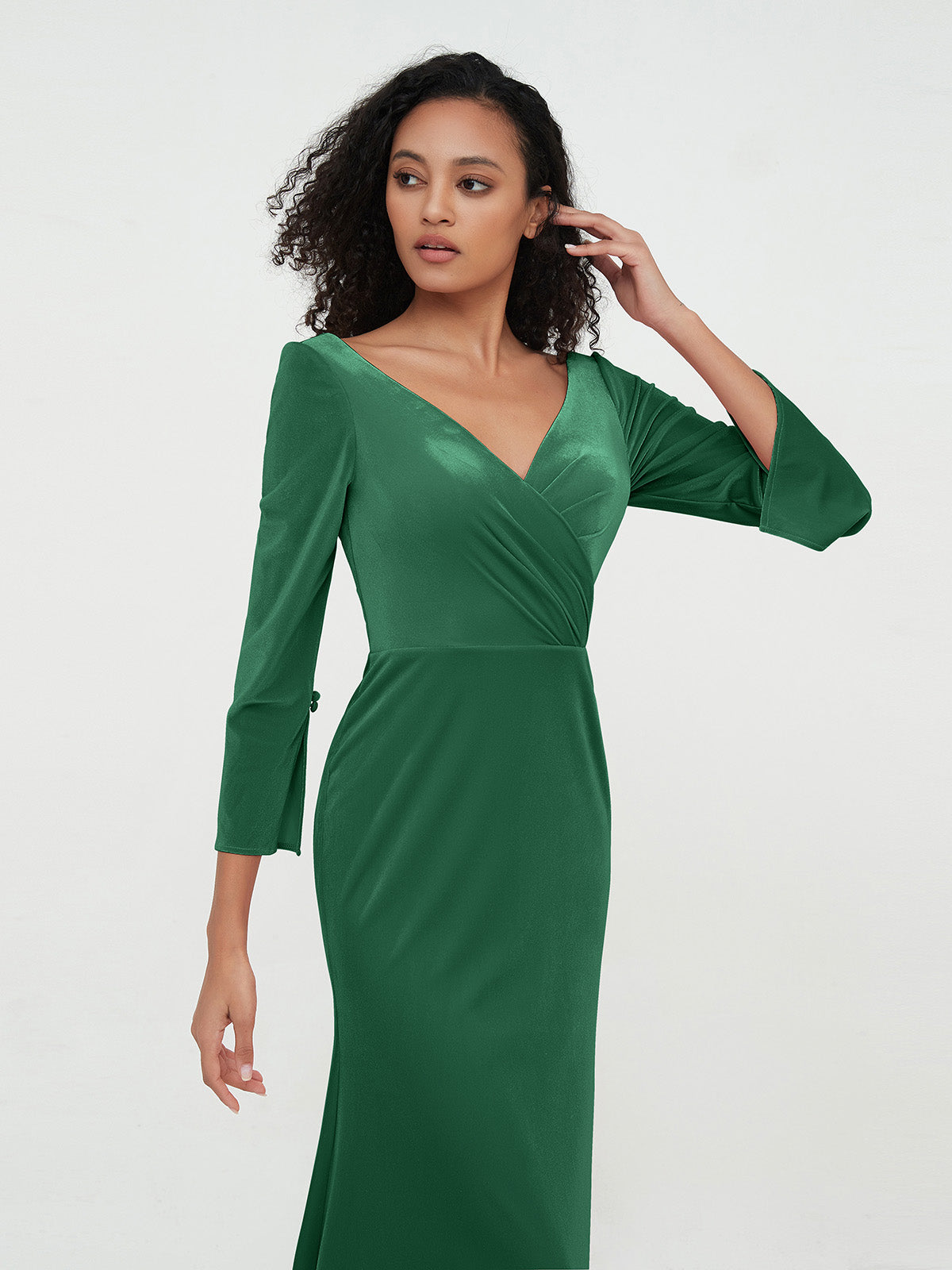 V neck Mermaid Velvet Max Dresses with Sleeves Dark Green