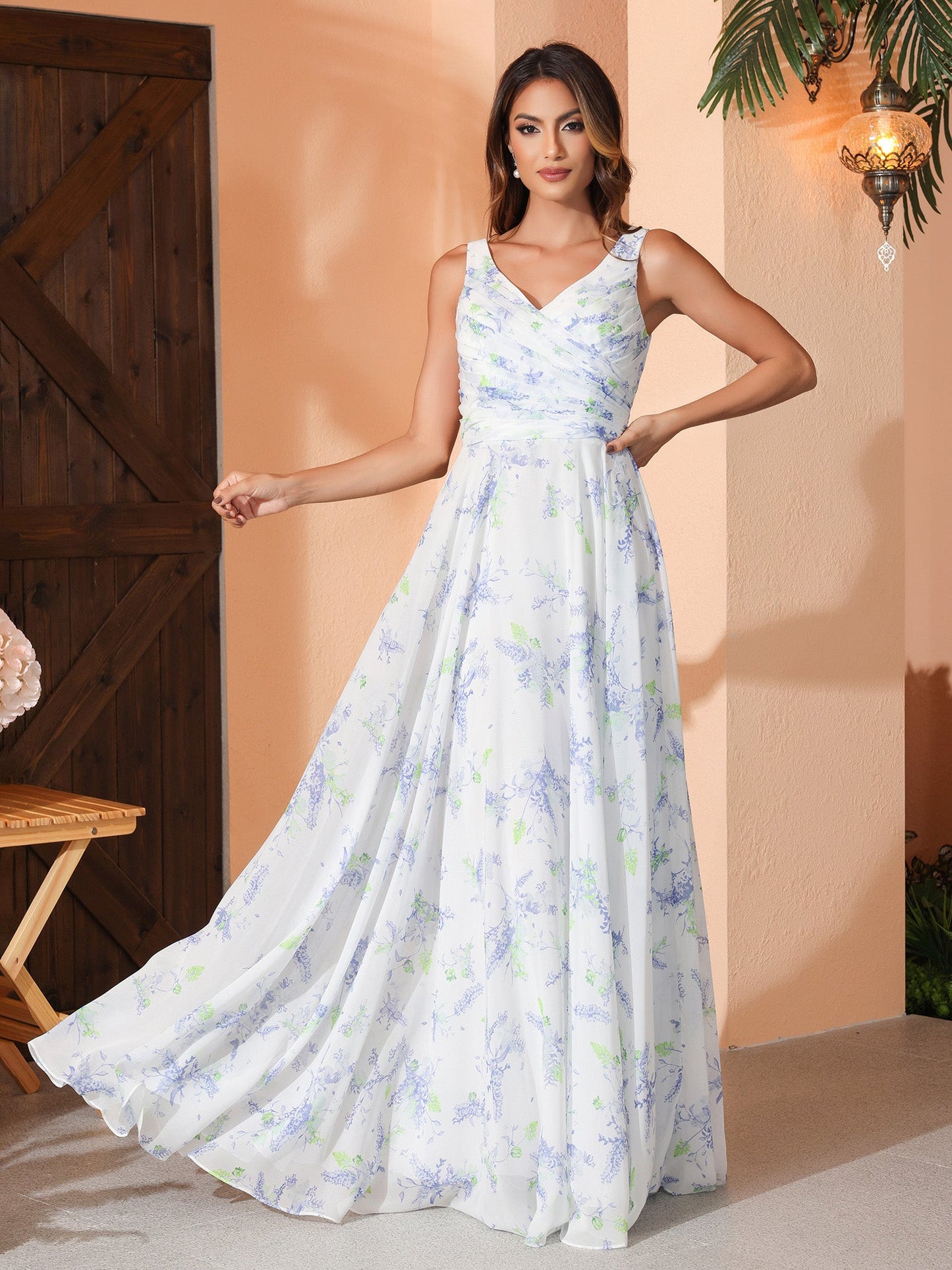 Lavender Floral V-neck Spaghetti Straps Bridesmaid Dress