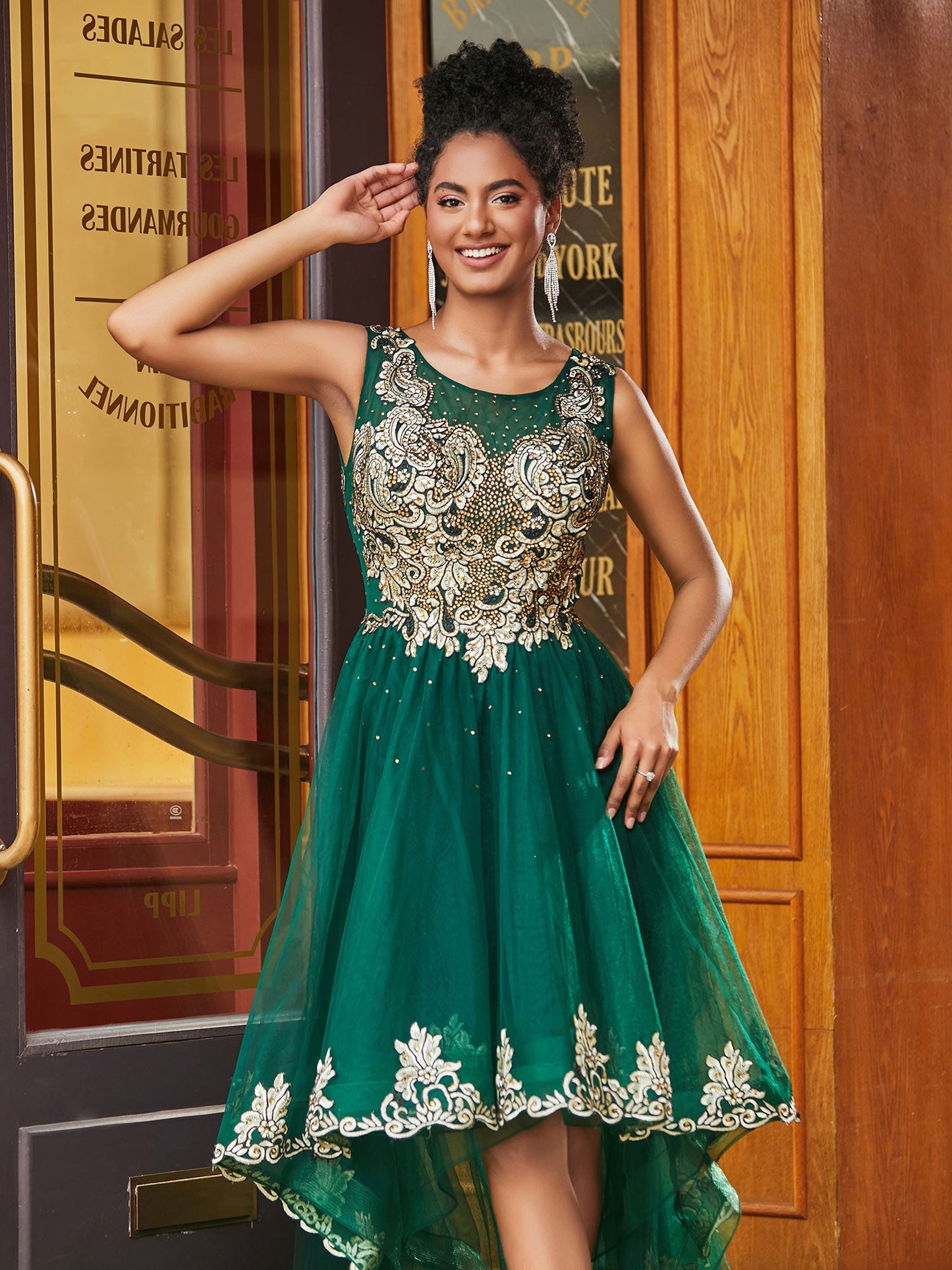 Vintage Beaded Appliqued Asymmetrical Dress Dark Green