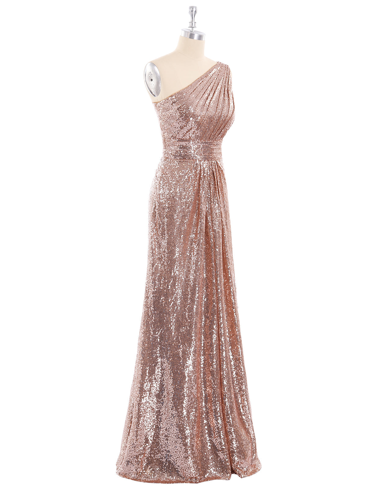 One Shoulder Long Sequins Gown Metallic Gold