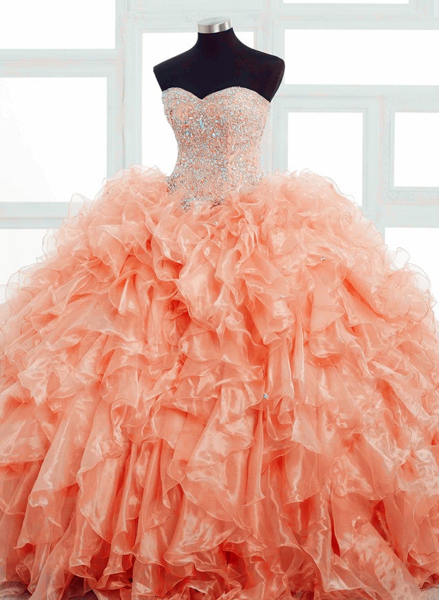 Crystal Beaded Sweetheart Bodice Corset Organza Ruffles Ball Gowns Quinceanera Dresses
