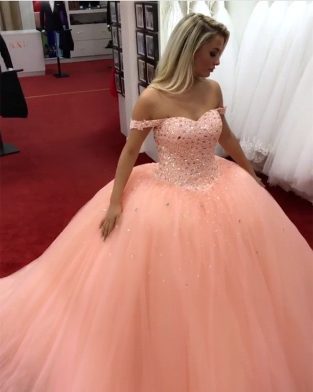 Crystal Beaded Sweetheart Off Shoulder Ball Gowns Coral Wedding Dresses