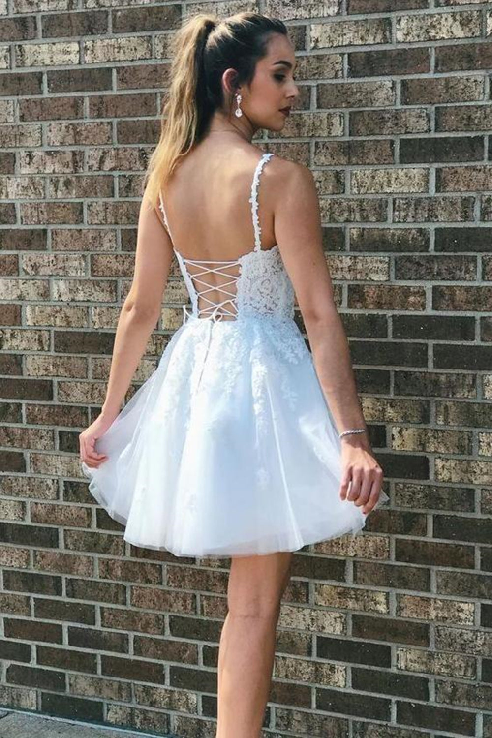 Cute V Neck Open Back White Lace Short Prom Dress, White Lace Homecoming Dress, White Formal Evening Dress A1270