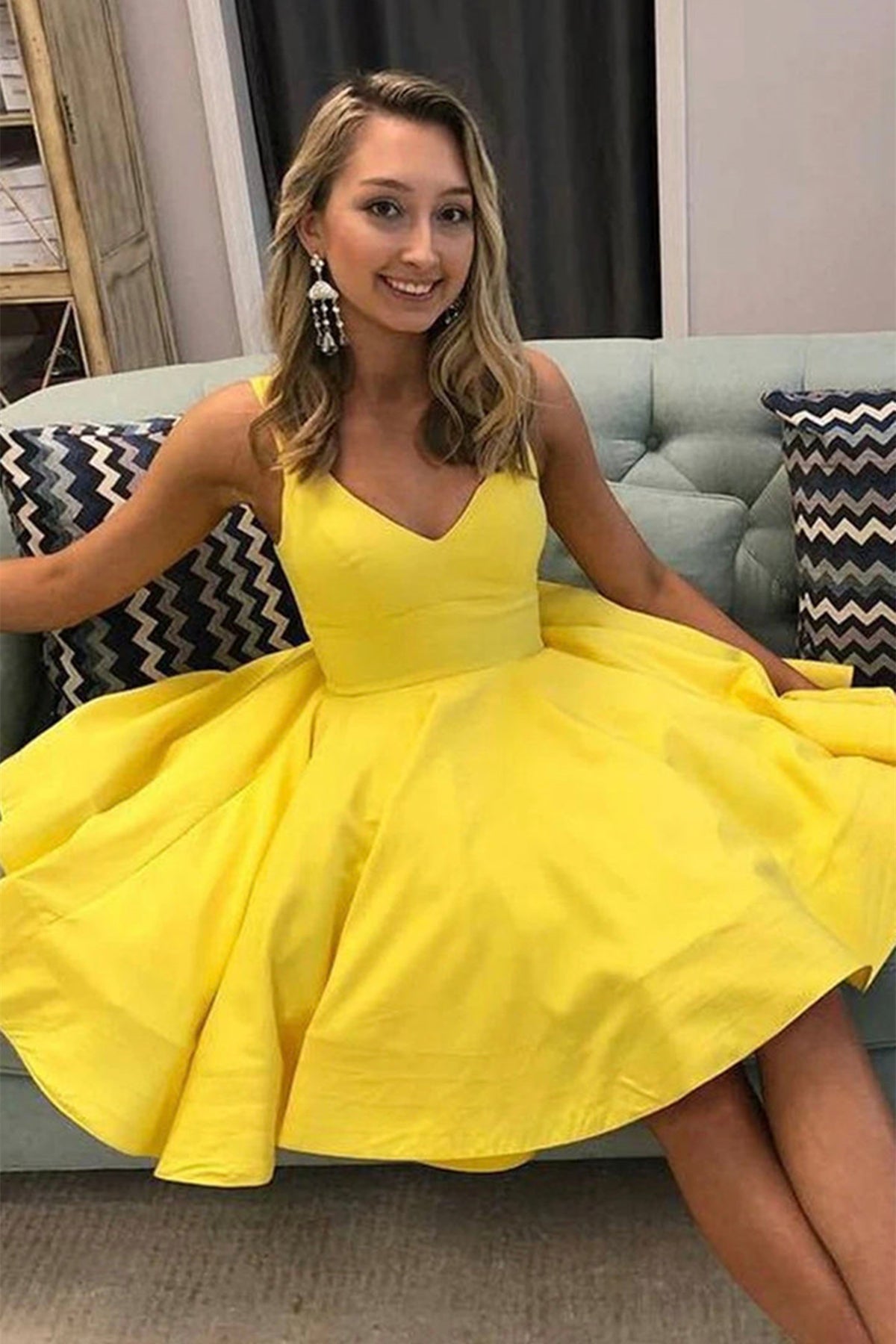Cute V Neck Yellow Short Prom Dress, V Back Yellow Homecoming Dress, Short Yellow Formal Evening Dress A1640