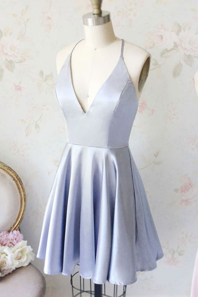 Cute Cheap Light Blue V Neck Satin Homecoming Dresses Short Prom Dresses, Light Blue Graduation Dresses, Formal Dresses