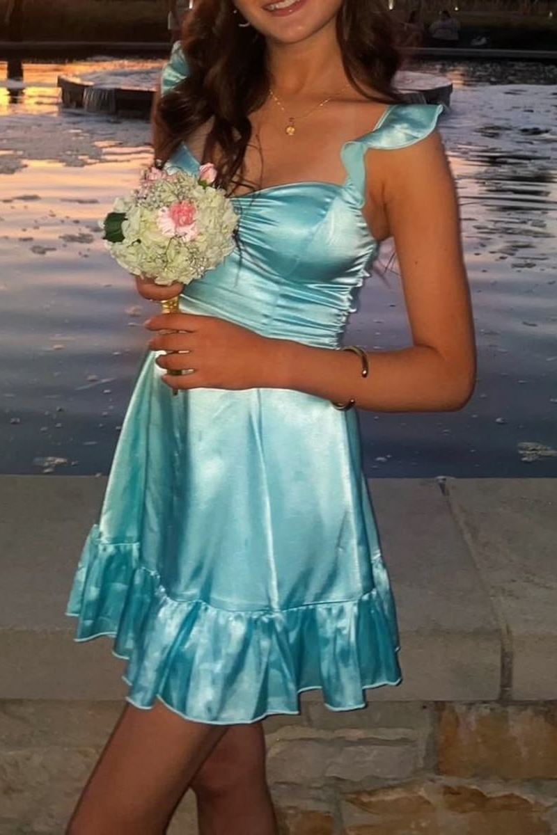Cyan A-Line Empire-Waist Pleats Satin Sleeveless Short Homecoming Dress