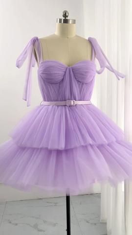 Cute Ball Gown Straps Tulle Lilac Short Formal 8th Grade Homecoming Dresses Middle School Cocktail Dress Hoco Outfits DH2568