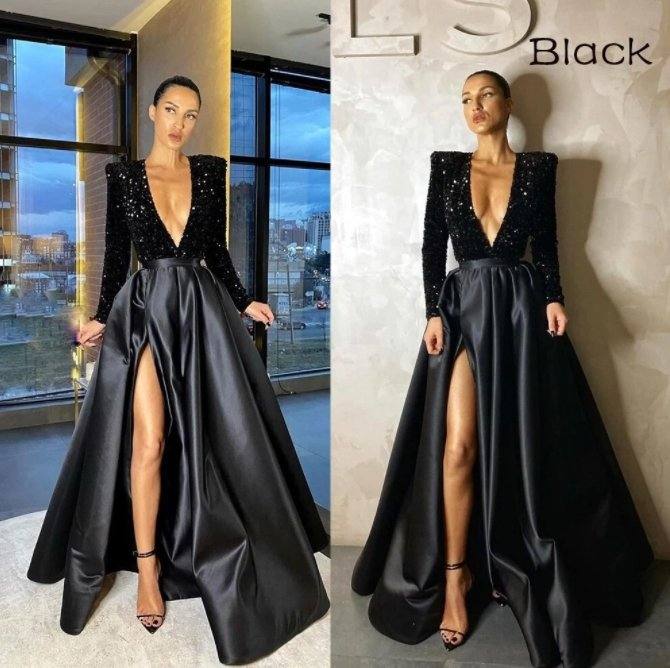 Elegant Satin Evening Dresses Long Sparkle Sequined Sexy Deep V Neck Side Slit Formal Prom Gown Simple Ruched Robe de soiree - RongMoon